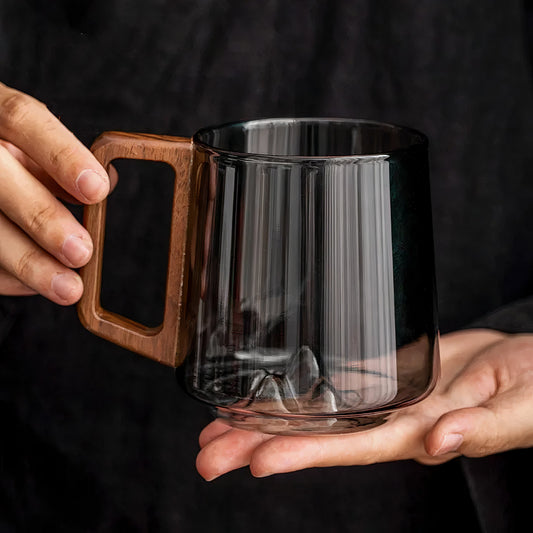 Tasses café zen - Verre fumé avec montagne cachée & anse bois