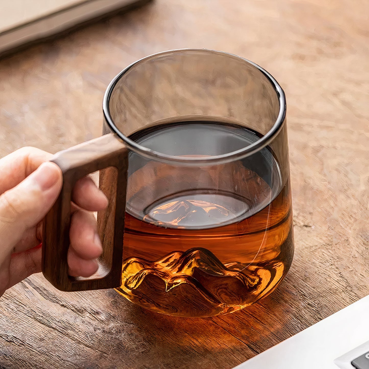 Tasses café zen - Verre fumé avec montagne cachée & anse bois