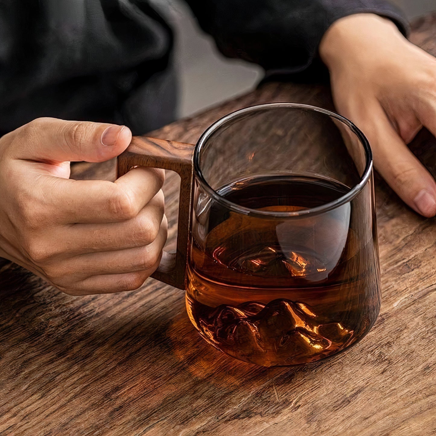 Tasses café zen - Verre fumé avec montagne cachée & anse bois